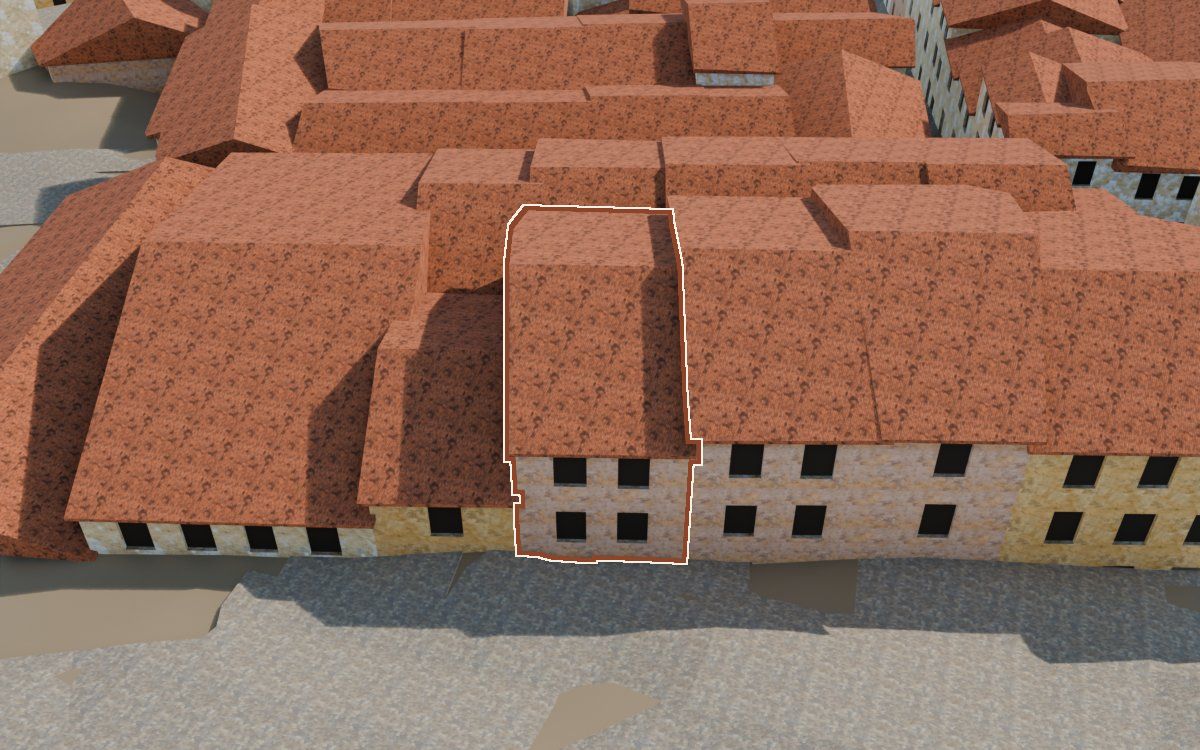 Manzana 53, n.º 19 en la reconstrucción 3D, vista desde el lado en que mejor se ve, con su contorno marcado en teja entre las casas de alrededor