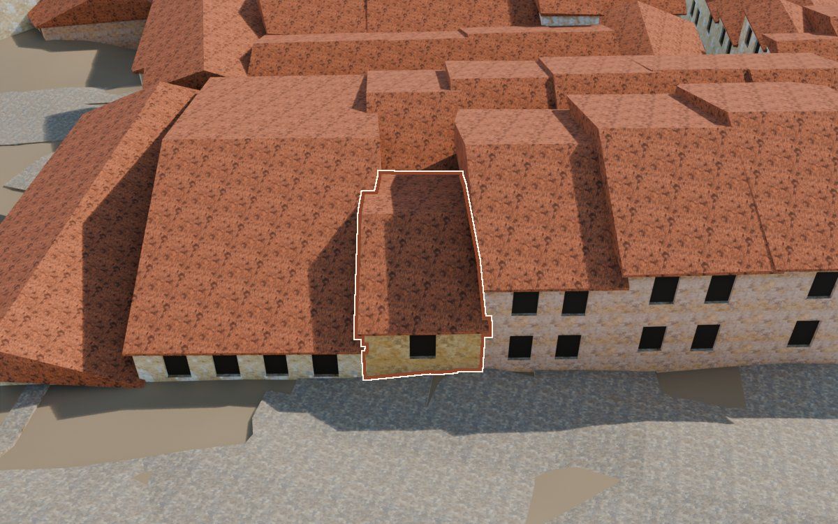 Manzana 53, n.º 20 en la reconstrucción 3D, vista desde el lado en que mejor se ve, con su contorno marcado en teja entre las casas de alrededor