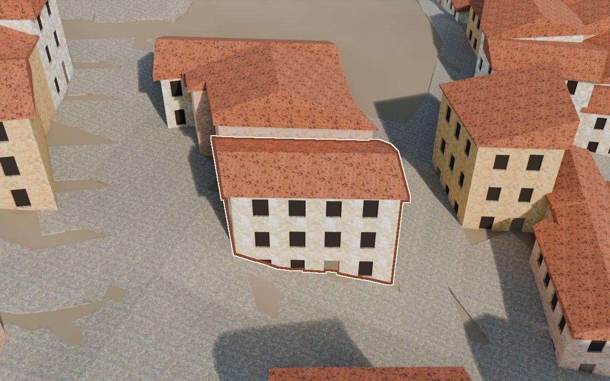 Casa del Carrer Sant Blas (Calle San Blas) en la reconstrucción 3D, vista desde su calle, con su contorno marcado en teja entre las casas de alrededor