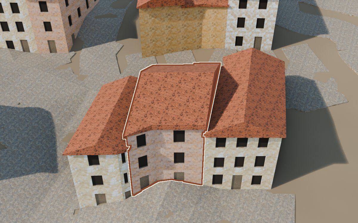Casa del Carrer Sant Blas (Calle San Blas) en la reconstrucción 3D, vista desde su calle, con su contorno marcado en teja entre las casas de alrededor
