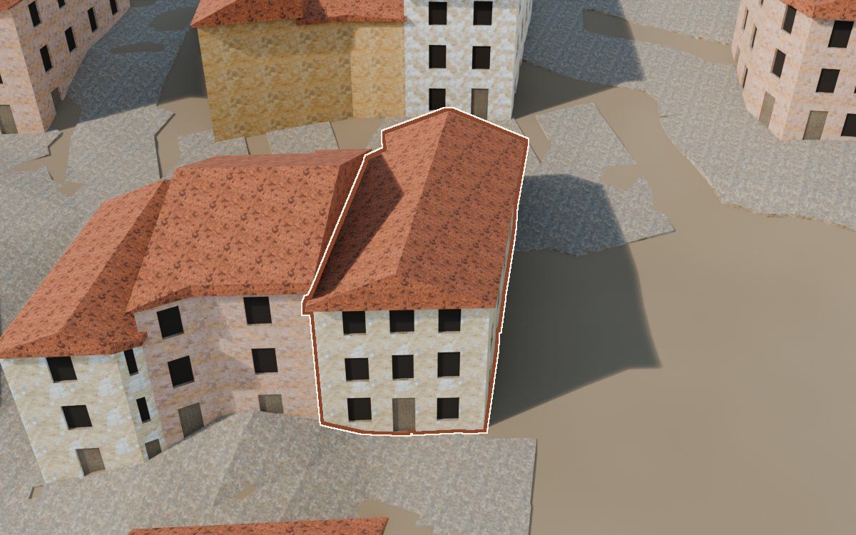 Casa del Carrer Sant Blas (Calle San Blas) en la reconstrucción 3D, vista desde su calle, con su contorno marcado en teja entre las casas de alrededor