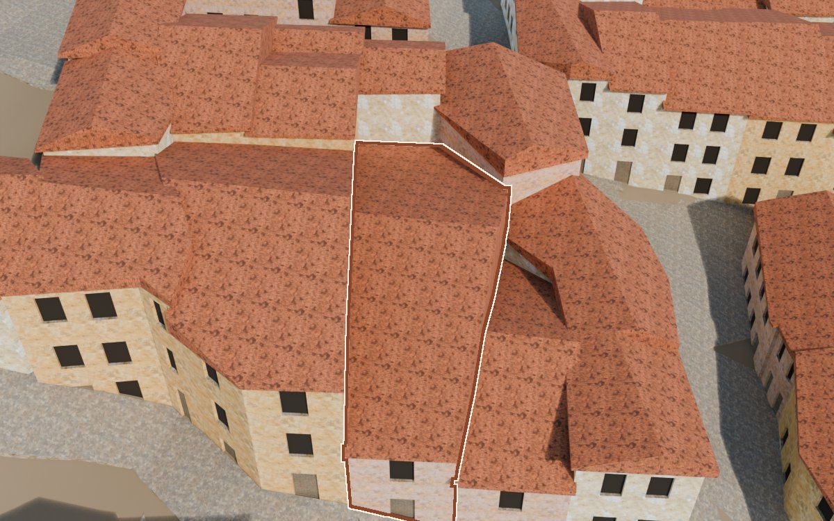 Manzana 41, n.º 14 en la reconstrucción 3D, vista desde el lado en que mejor se ve, con su contorno marcado en teja entre las casas de alrededor