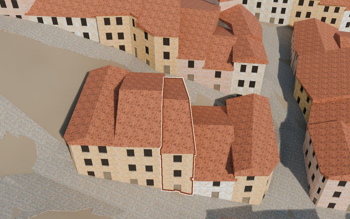 Manzana 42, parcela sin número leído en la reconstrucción 3D, vista desde el lado en que mejor se ve, con su contorno marcado en teja entre las casas de alrededor