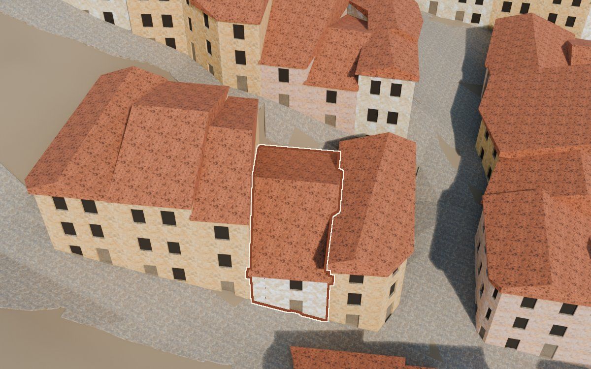 Manzana 42, n.º 4 en la reconstrucción 3D, vista desde el lado en que mejor se ve, con su contorno marcado en teja entre las casas de alrededor