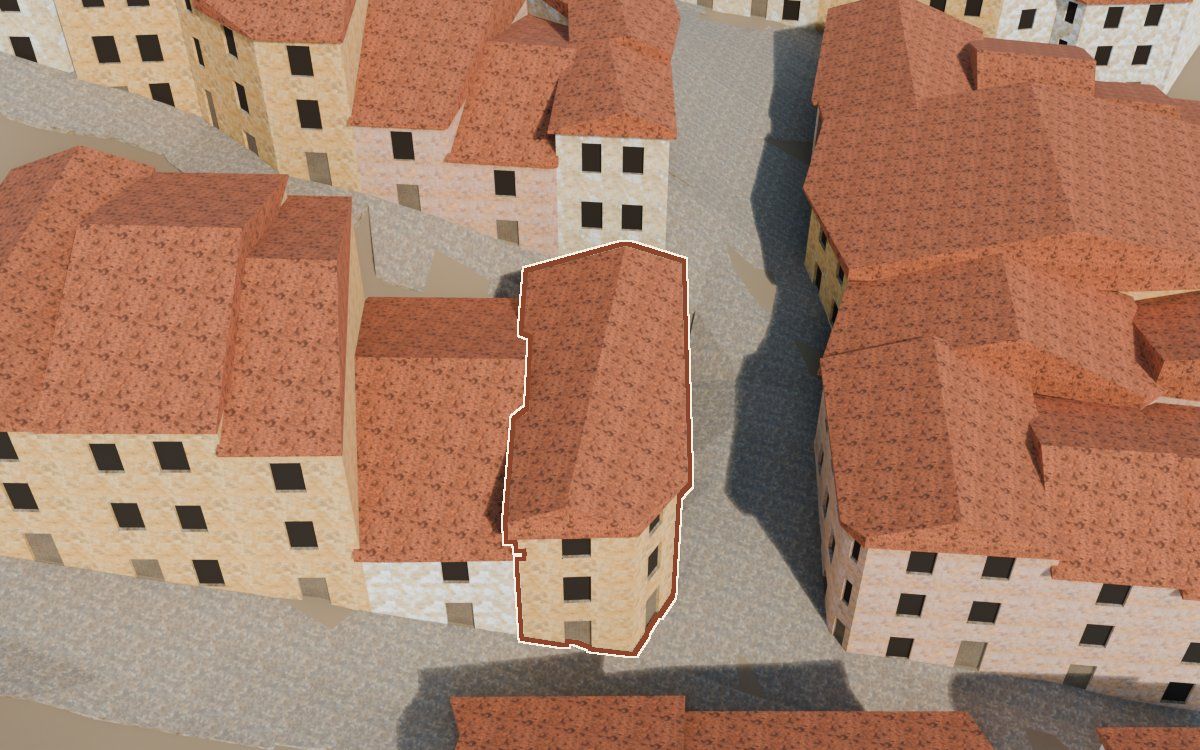 Manzana 42, n.º 5 en la reconstrucción 3D, vista desde el lado en que mejor se ve, con su contorno marcado en teja entre las casas de alrededor