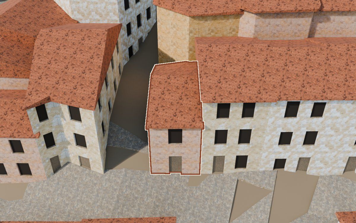 Manzana 53, parcela sin número leído en la reconstrucción 3D, vista desde su calle, con su contorno marcado en teja entre las casas de alrededor