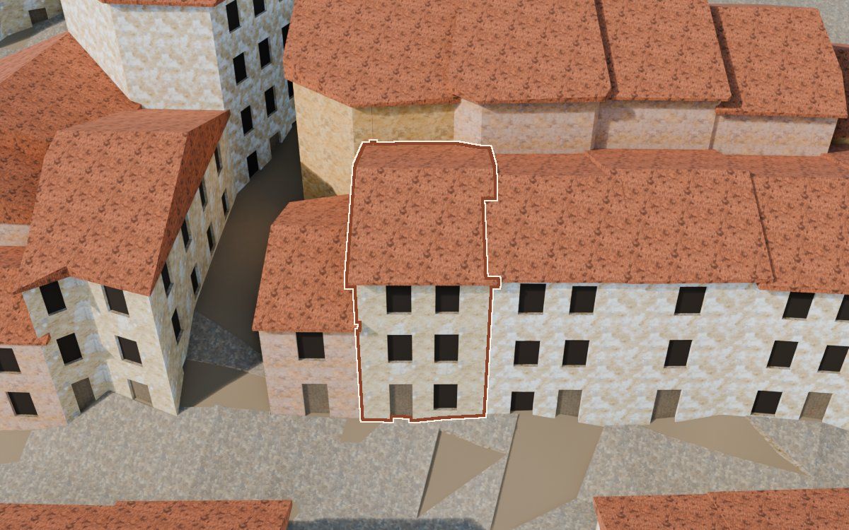 Manzana 53, n.º 6 en la reconstrucción 3D, vista desde su calle, con su contorno marcado en teja entre las casas de alrededor