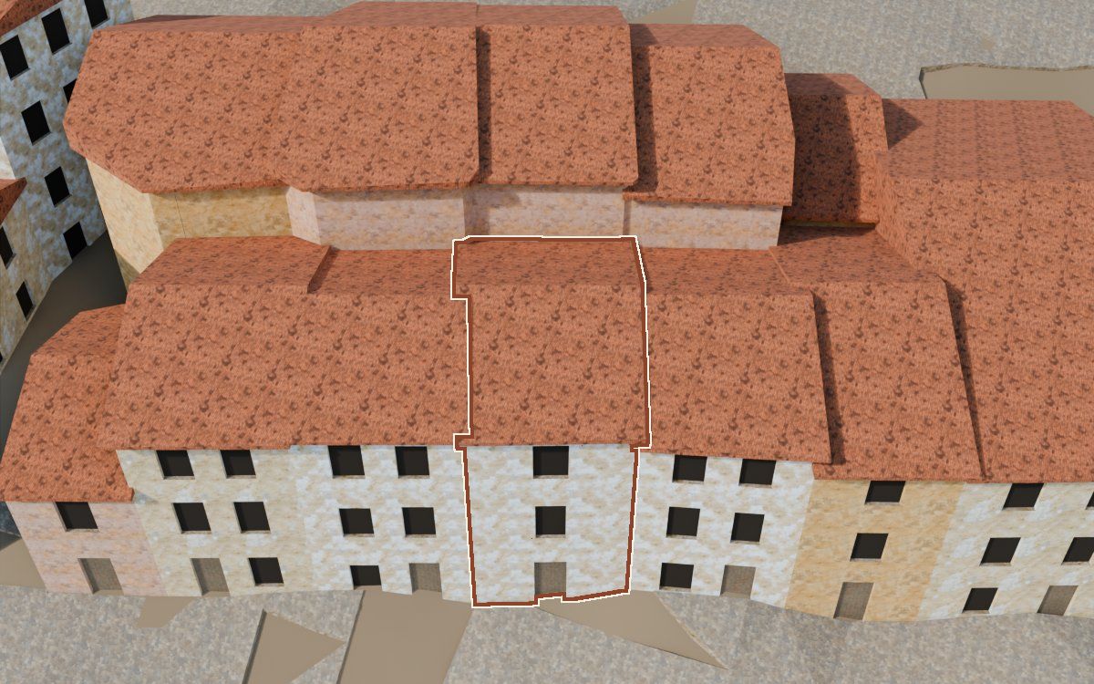 Manzana 53, n.º 4 en la reconstrucción 3D, vista desde el lado en que mejor se ve, con su contorno marcado en teja entre las casas de alrededor