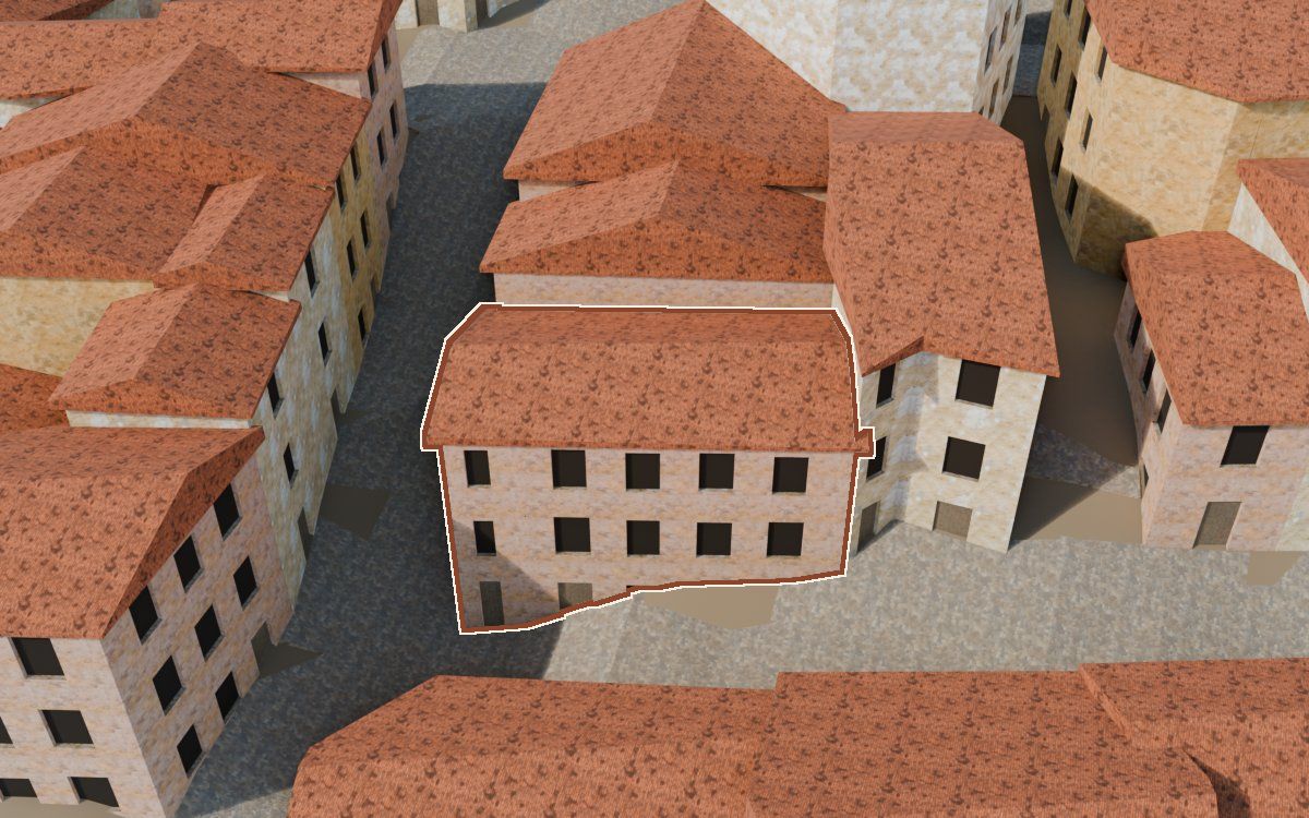 Manzana 53, n.º 11 y 10 en la reconstrucción 3D, vista desde su calle, con su contorno marcado en teja entre las casas de alrededor
