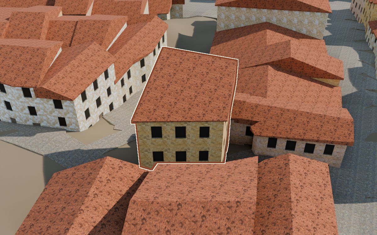 Casa del Carrer Sant Blas (Calle San Blas) en la reconstrucción 3D, vista desde su calle, con su contorno marcado en teja entre las casas de alrededor
