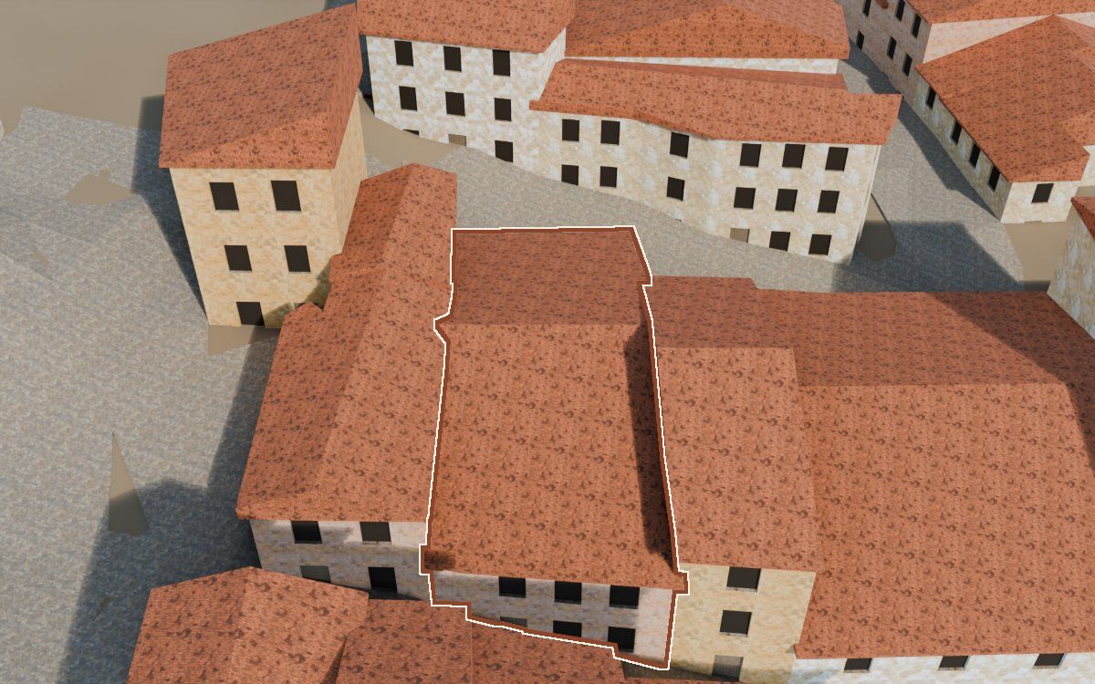Manzana 29, n.º 5 en la reconstrucción 3D, vista desde el lado en que mejor se ve, con su contorno marcado en teja entre las casas de alrededor