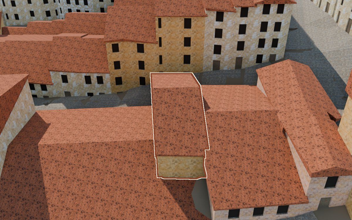 Manzana 29, n.º 6 en la reconstrucción 3D, vista desde su calle, con su contorno marcado en teja entre las casas de alrededor