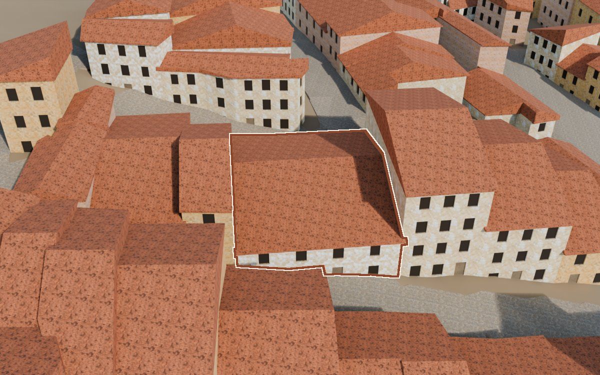 Manzana 29, n.º 7 en la reconstrucción 3D, vista desde su calle, con su contorno marcado en teja entre las casas de alrededor