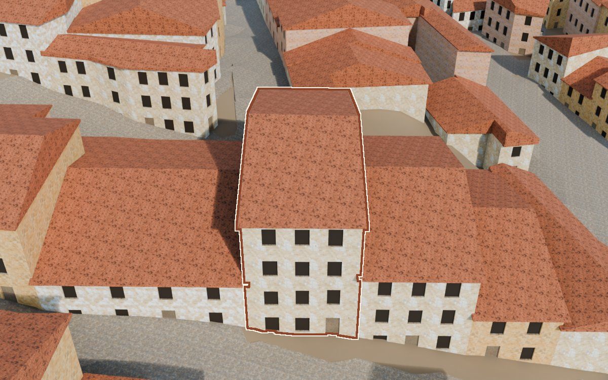 Casa del Carrer del Calvari (Calle del Calvario) en la reconstrucción 3D, vista desde su calle, con su contorno marcado en teja entre las casas de alrededor