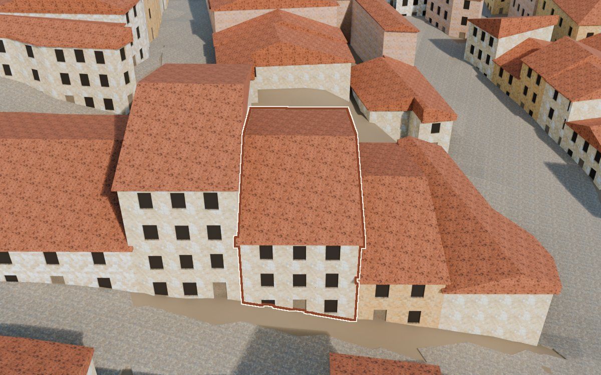Manzana 29, n.º 9 en la reconstrucción 3D, vista desde su calle, con su contorno marcado en teja entre las casas de alrededor