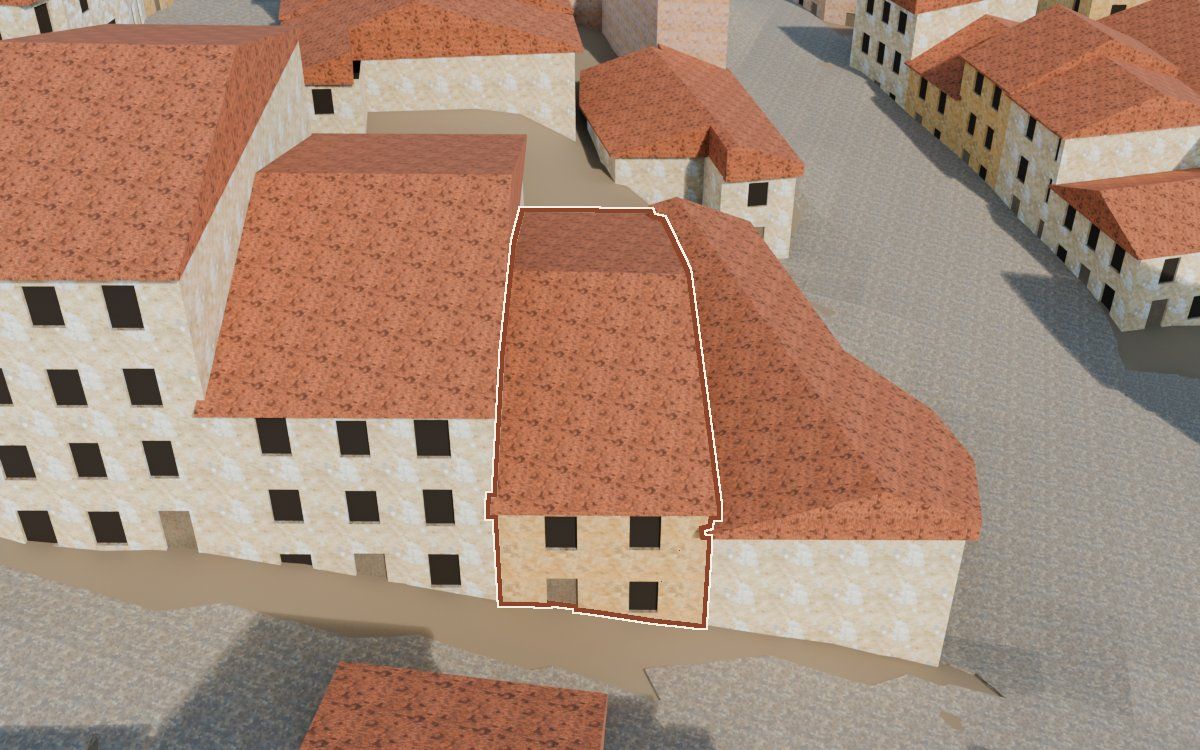 Casa del Carrer del Calvari (Calle del Calvario) en la reconstrucción 3D, vista desde su calle, con su contorno marcado en teja entre las casas de alrededor