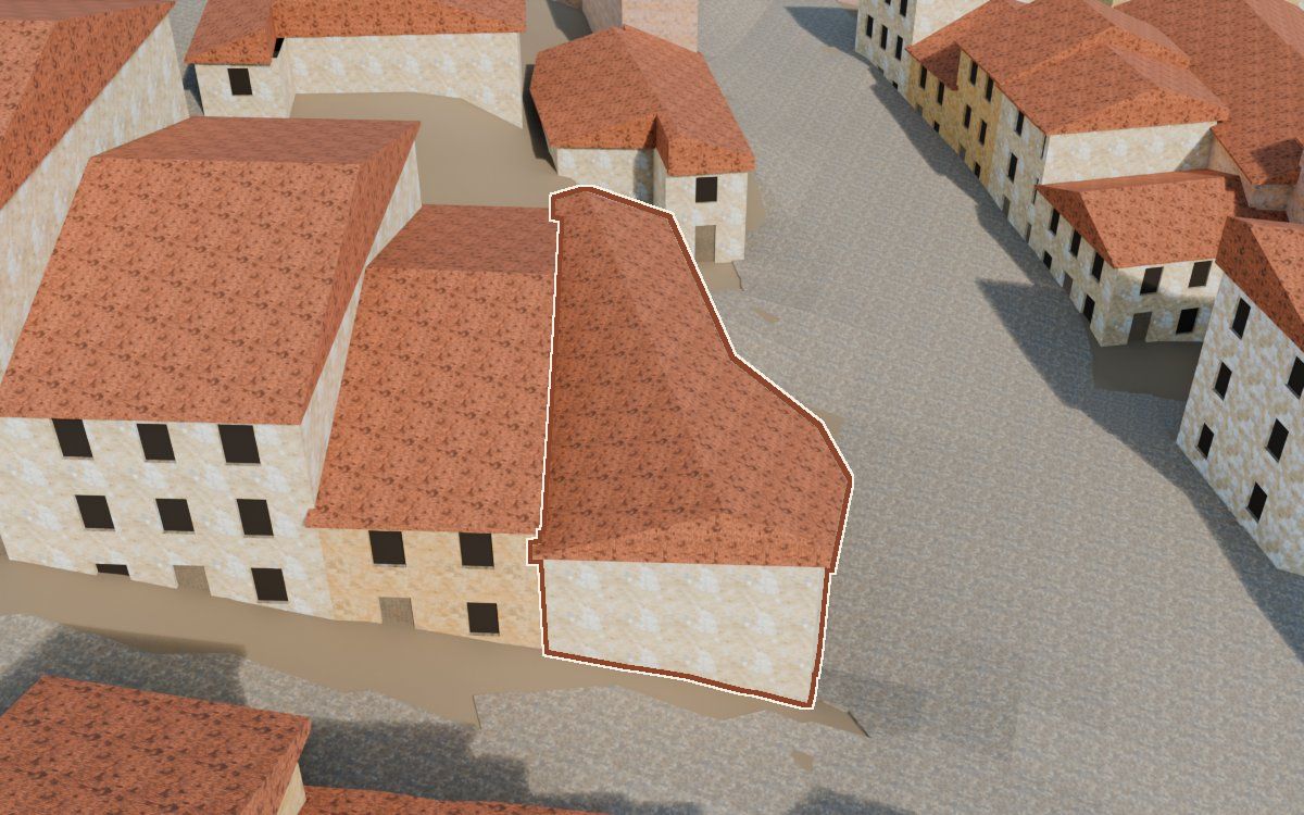 Casa del Carrer Saragossa (Calle Zaragoza) en la reconstrucción 3D, vista desde su calle, con su contorno marcado en teja entre las casas de alrededor