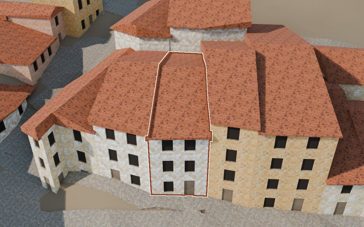 Manzana 43, n.º 4 en la reconstrucción 3D, vista desde su calle, con su contorno marcado en teja entre las casas de alrededor