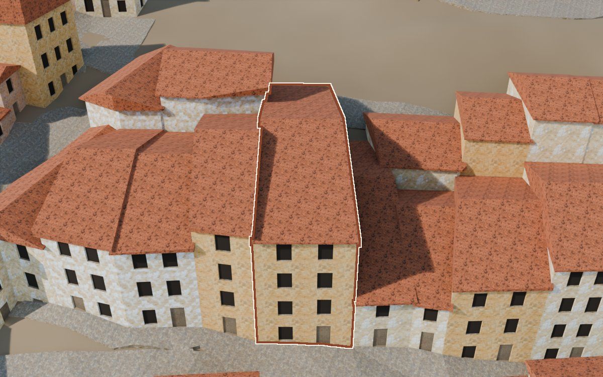 Manzana 43, n.º 6 en la reconstrucción 3D, vista desde su calle, con su contorno marcado en teja entre las casas de alrededor
