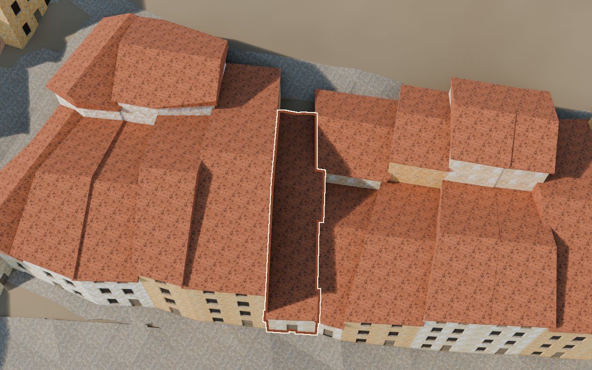 Casa cerca del Carrer de les Creus (Calle de las Cruces) en la reconstrucción 3D, vista desde el lado en que mejor se ve, con su contorno marcado en teja entre las casas de alrededor
