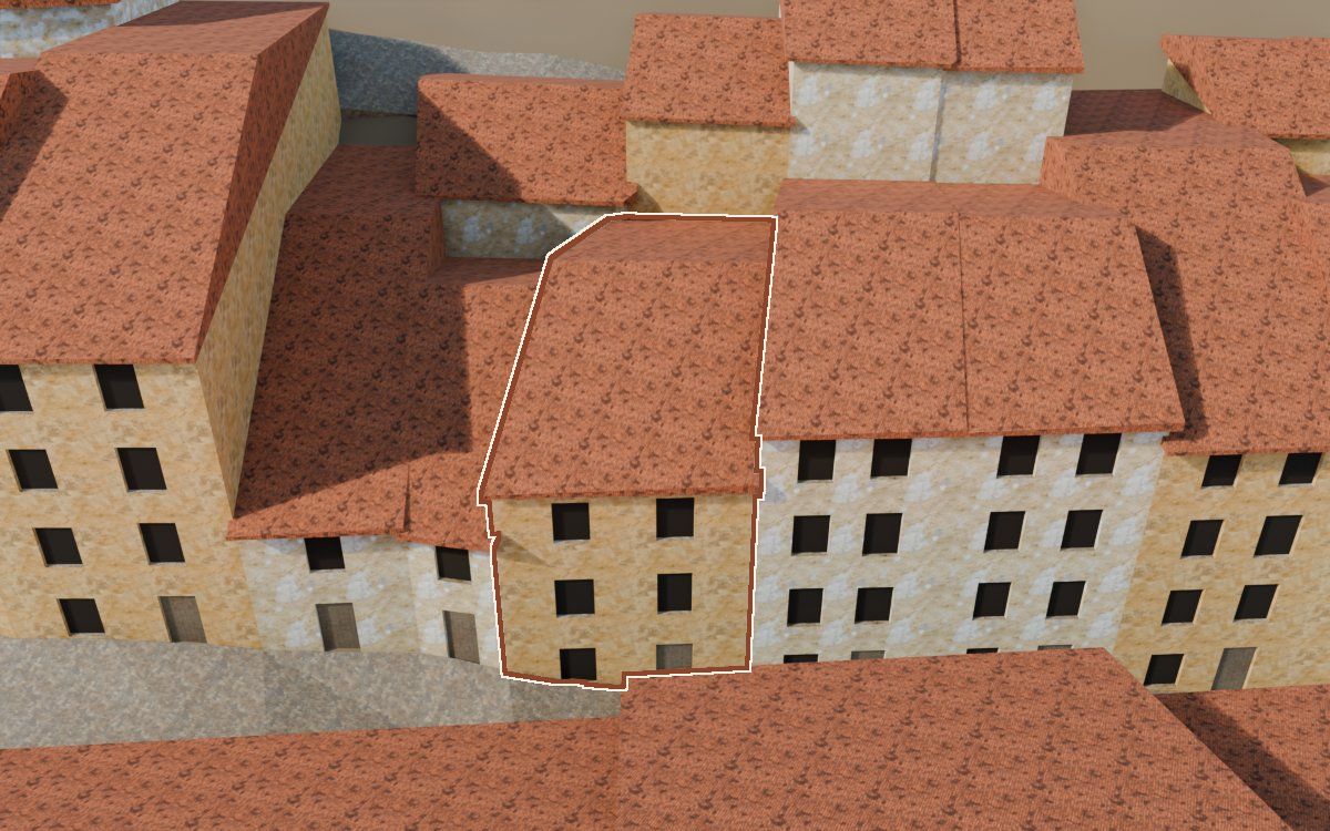Manzana 43, n.º 9 en la reconstrucción 3D, vista desde su calle, con su contorno marcado en teja entre las casas de alrededor