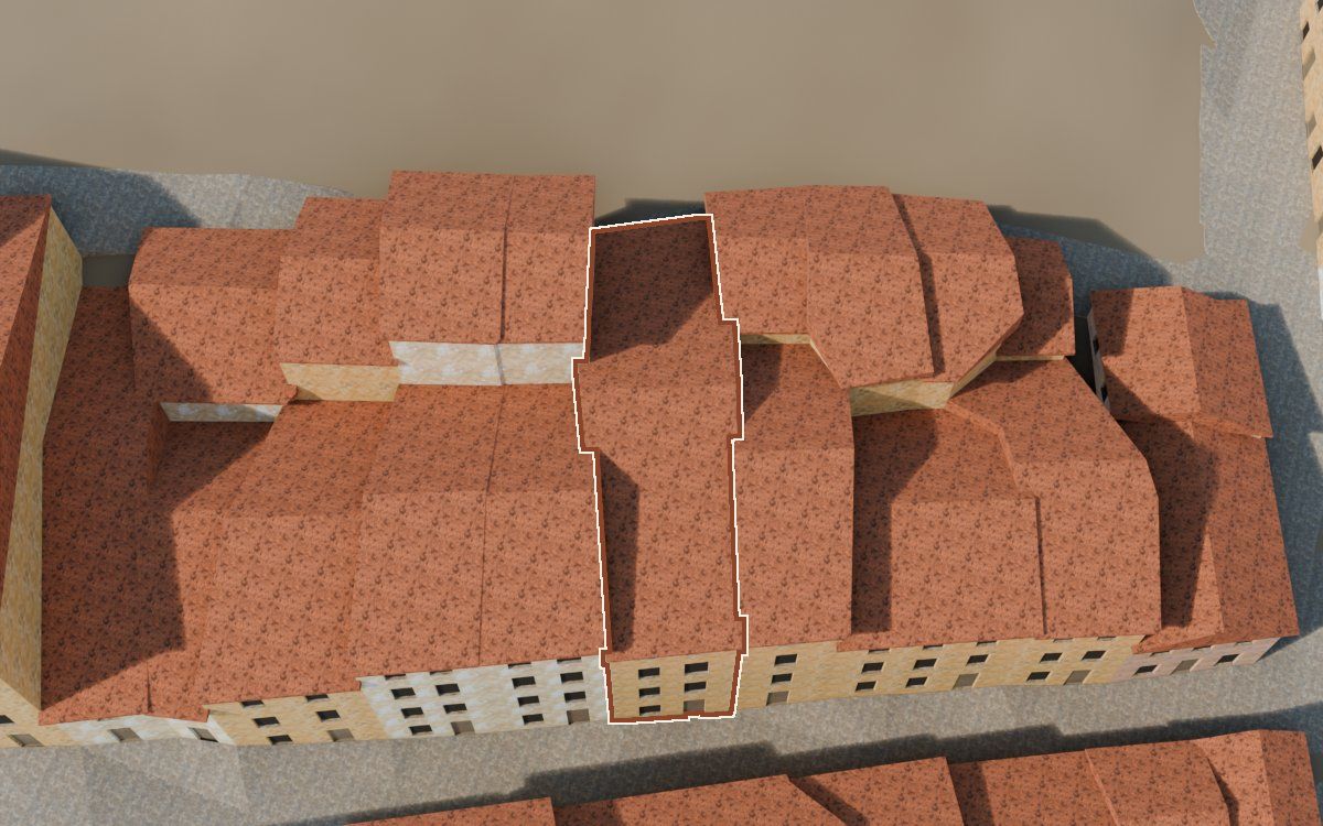 Manzana 43, n.º 12 en la reconstrucción 3D, vista desde el lado en que mejor se ve, con su contorno marcado en teja entre las casas de alrededor
