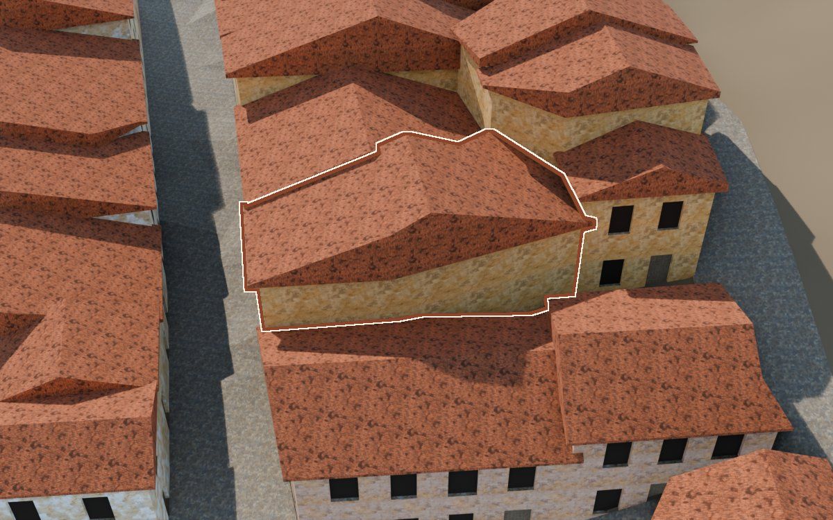 Manzana 43, n.º 15 en la reconstrucción 3D, vista desde su calle, con su contorno marcado en teja entre las casas de alrededor