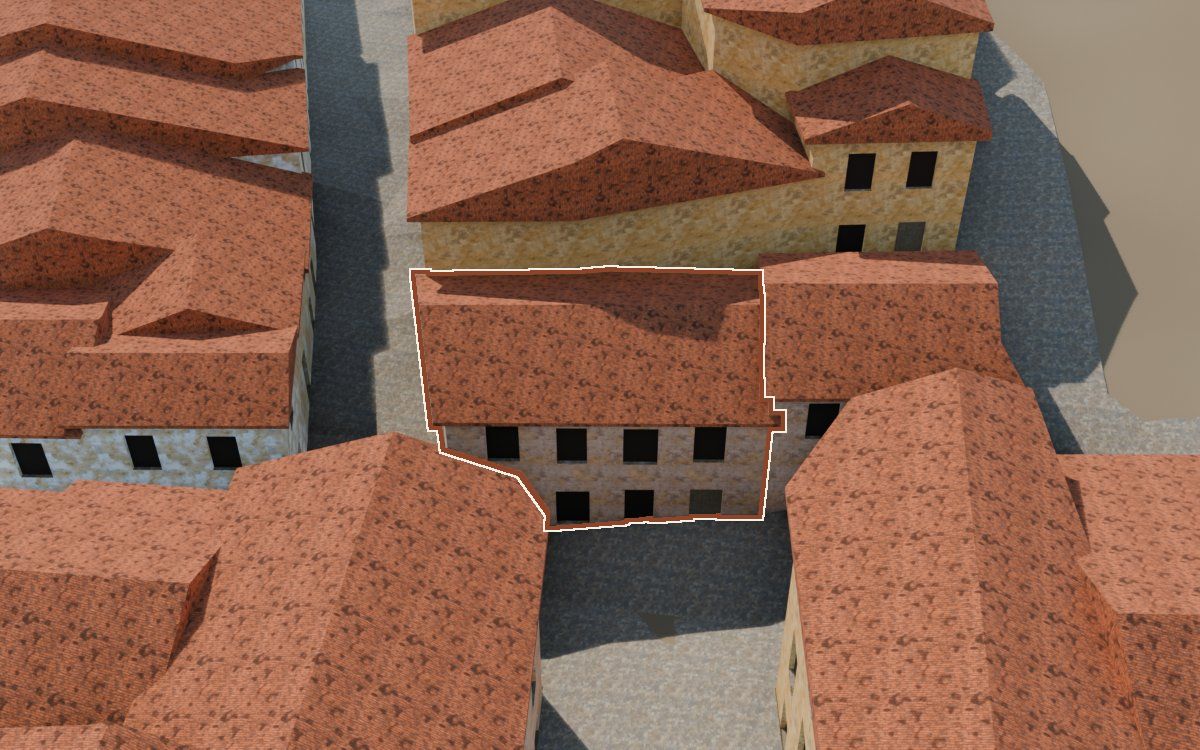 Manzana 43, n.º 17 en la reconstrucción 3D, vista desde su calle, con su contorno marcado en teja entre las casas de alrededor