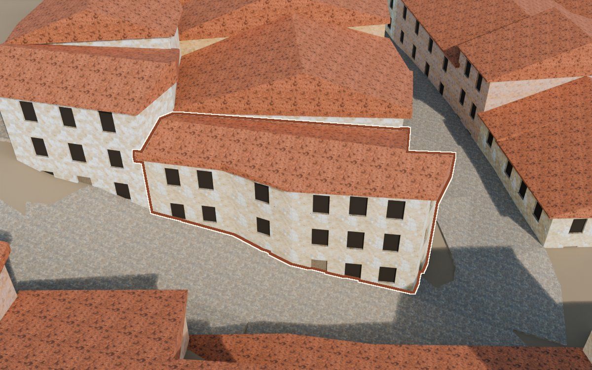 Manzana 43, n.º 2 en la reconstrucción 3D, vista desde su calle, con su contorno marcado en teja entre las casas de alrededor