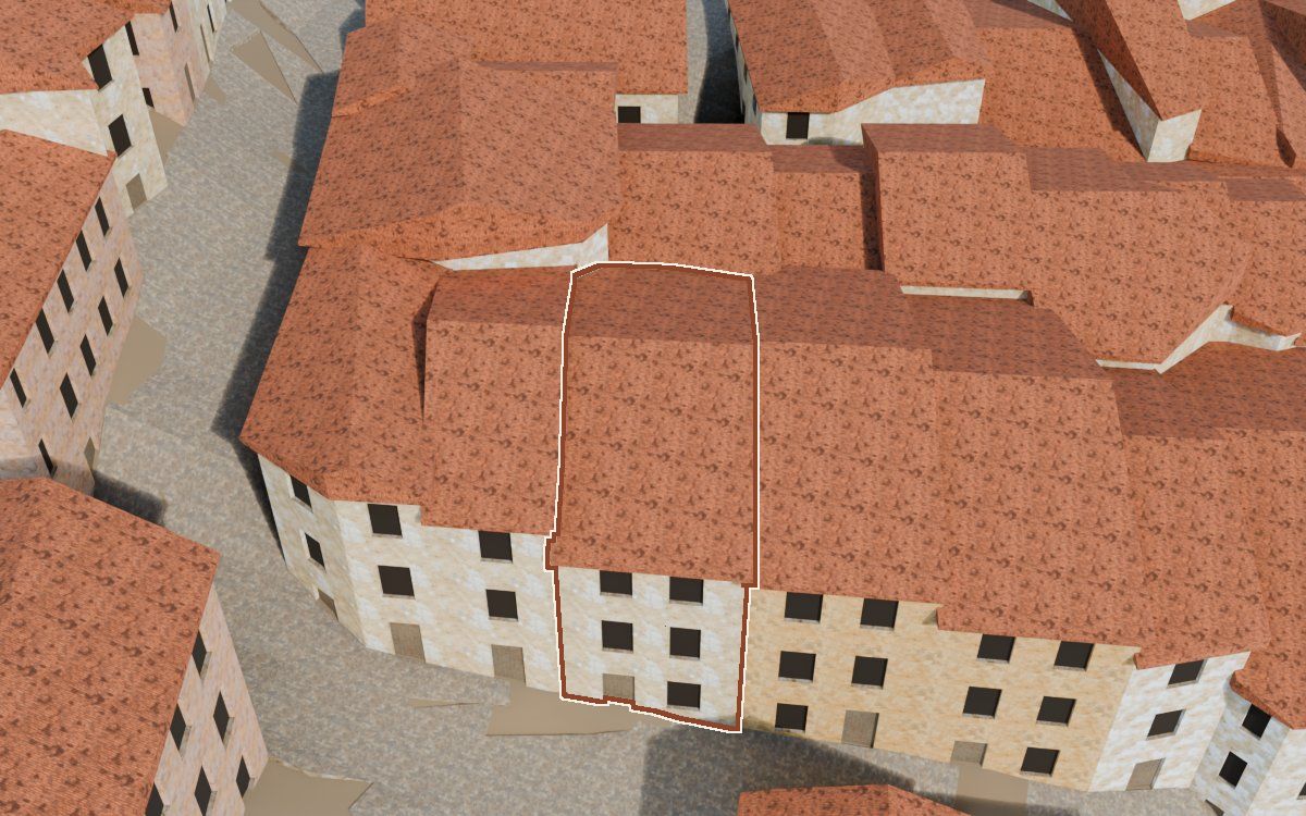 Manzana 32, n.º 12 en la reconstrucción 3D, vista desde el lado en que mejor se ve, con su contorno marcado en teja entre las casas de alrededor