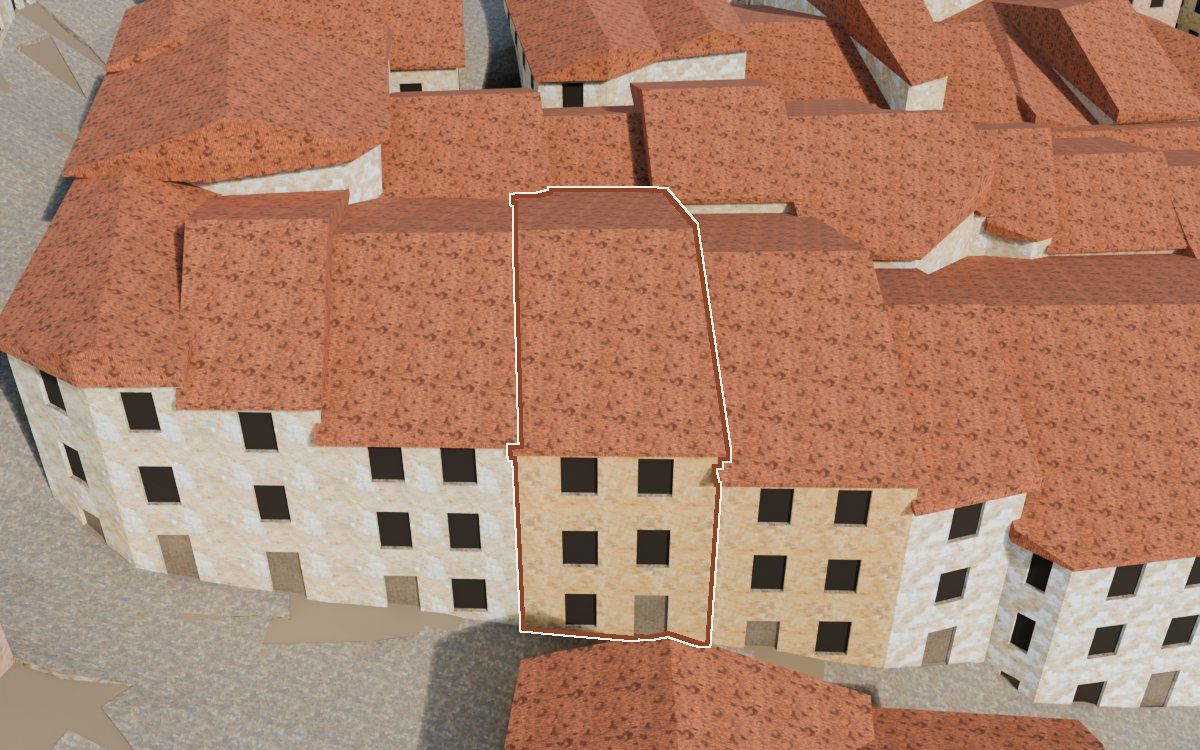 Manzana 32, n.º 11 en la reconstrucción 3D, vista desde su calle, con su contorno marcado en teja entre las casas de alrededor