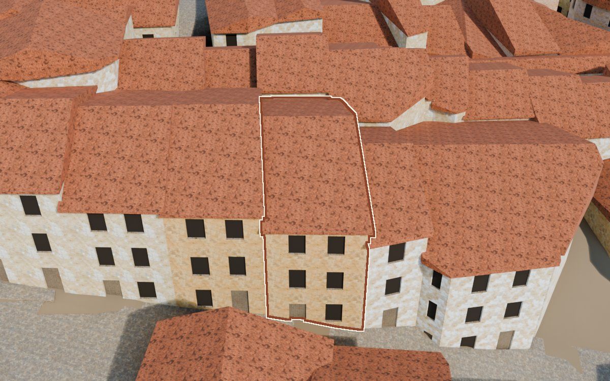 Manzana 32, n.º 10 en la reconstrucción 3D, vista desde su calle, con su contorno marcado en teja entre las casas de alrededor