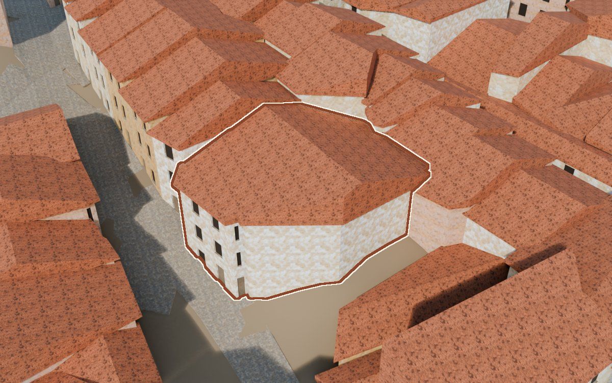 Manzana 32, n.º 8 y 6 y 7 en la reconstrucción 3D, vista desde su calle, con su contorno marcado en teja entre las casas de alrededor