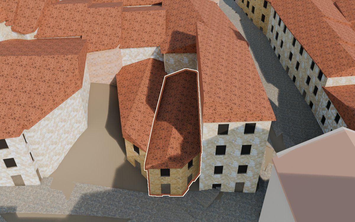 Manzana 32, n.º 3 y 5 en la reconstrucción 3D, vista desde el lado en que mejor se ve, con su contorno marcado en teja entre las casas de alrededor