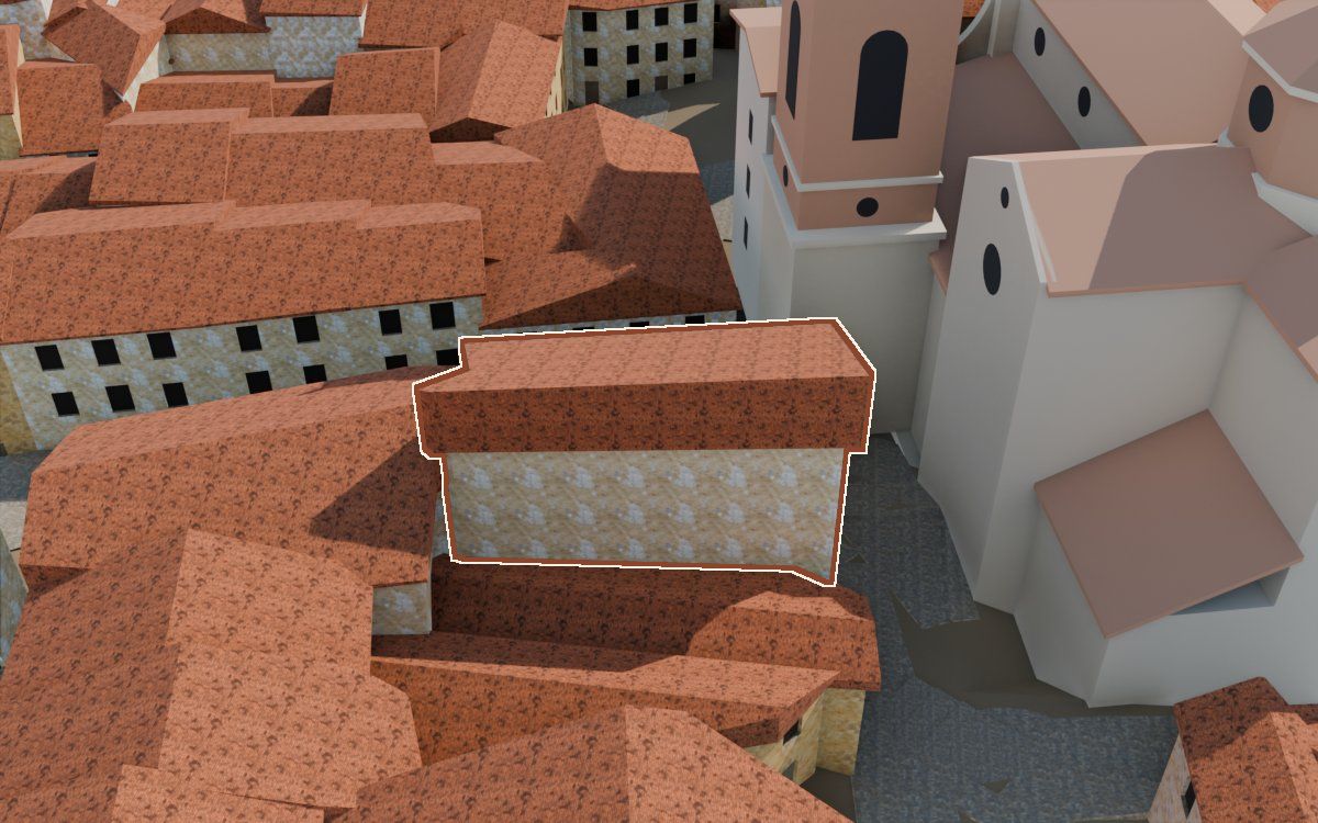 Casa alta de detrás de la torre en la reconstrucción 3D, vista desde su calle, con su contorno marcado en teja entre las casas de alrededor