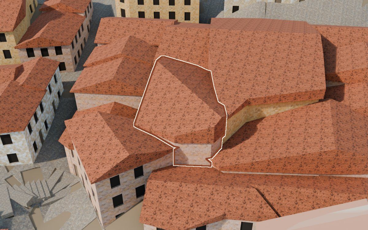 Manzana 31, n.º 9 en la reconstrucción 3D, vista desde su calle, con su contorno marcado en teja entre las casas de alrededor