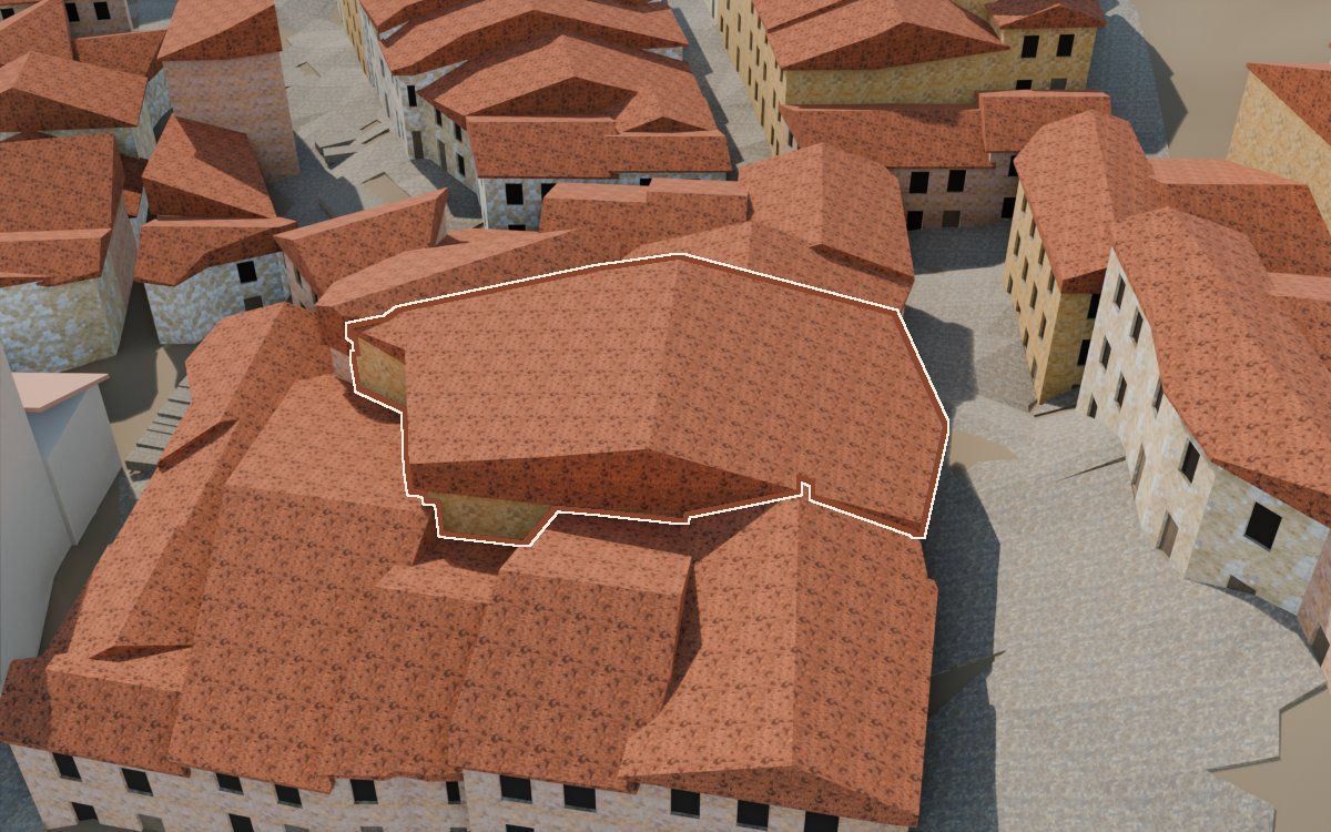 Manzana 31, n.º 14 en la reconstrucción 3D, vista desde su calle, con su contorno marcado en teja entre las casas de alrededor