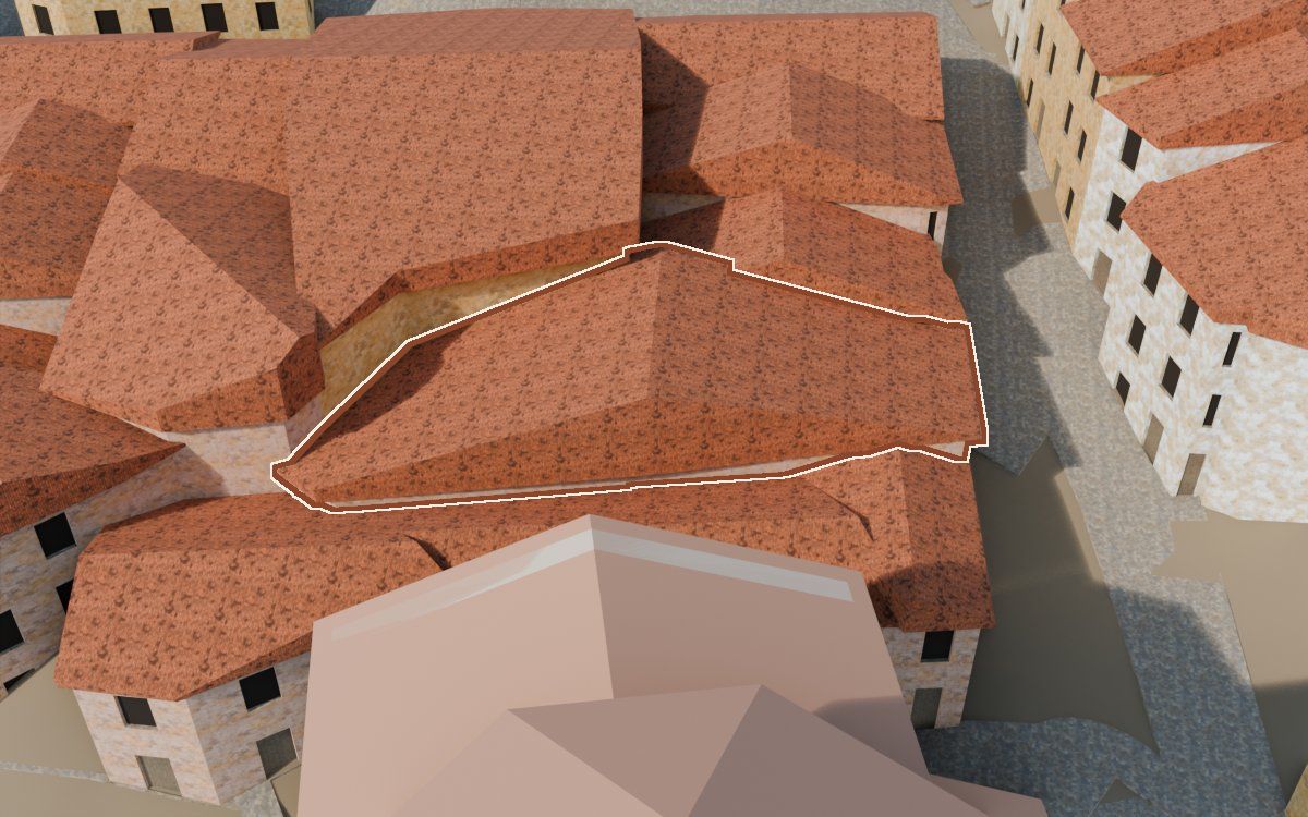 Manzana 31, n.º 20 en la reconstrucción 3D, vista desde su calle, con su contorno marcado en teja entre las casas de alrededor