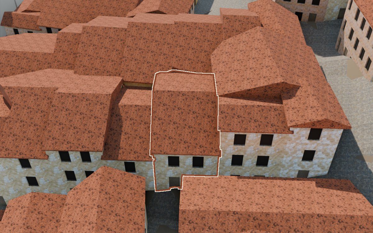 Manzana 32, n.º 19 en la reconstrucción 3D, vista desde el lado en que mejor se ve, con su contorno marcado en teja entre las casas de alrededor