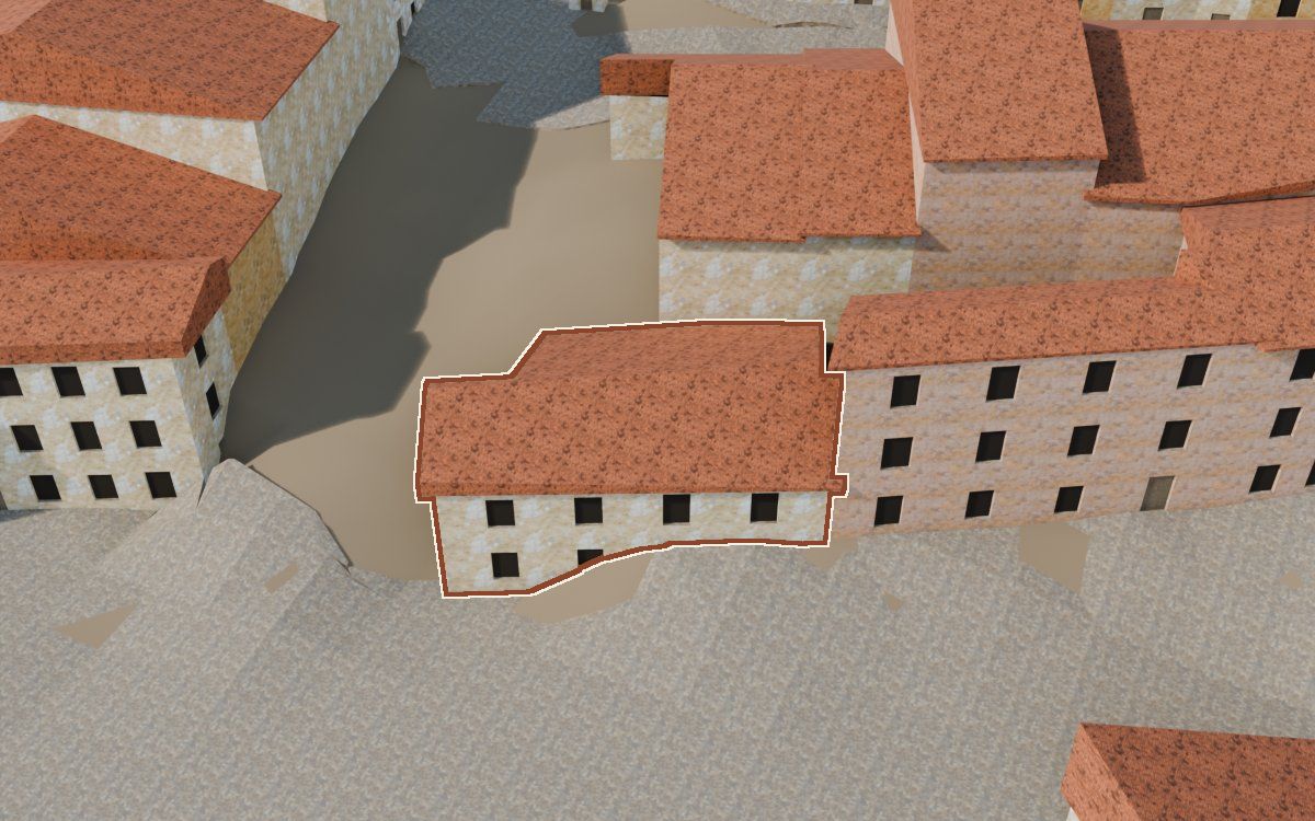 Manzana 30, n.º 26 en la reconstrucción 3D, vista desde su calle, con su contorno marcado en teja entre las casas de alrededor
