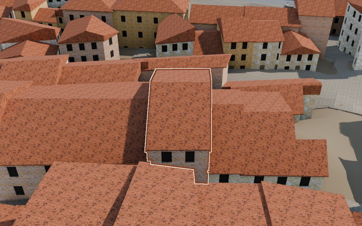 Manzana 30, n.º 10 en la reconstrucción 3D, vista desde su calle, con su contorno marcado en teja entre las casas de alrededor