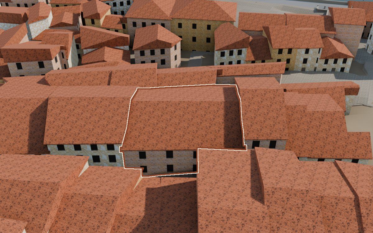 Manzana 30, n.º 11 en la reconstrucción 3D, vista desde su calle, con su contorno marcado en teja entre las casas de alrededor