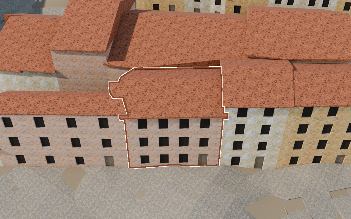 Casa del Carrer Saragossa (Calle Zaragoza) en la reconstrucción 3D, vista desde su calle, con su contorno marcado en teja entre las casas de alrededor