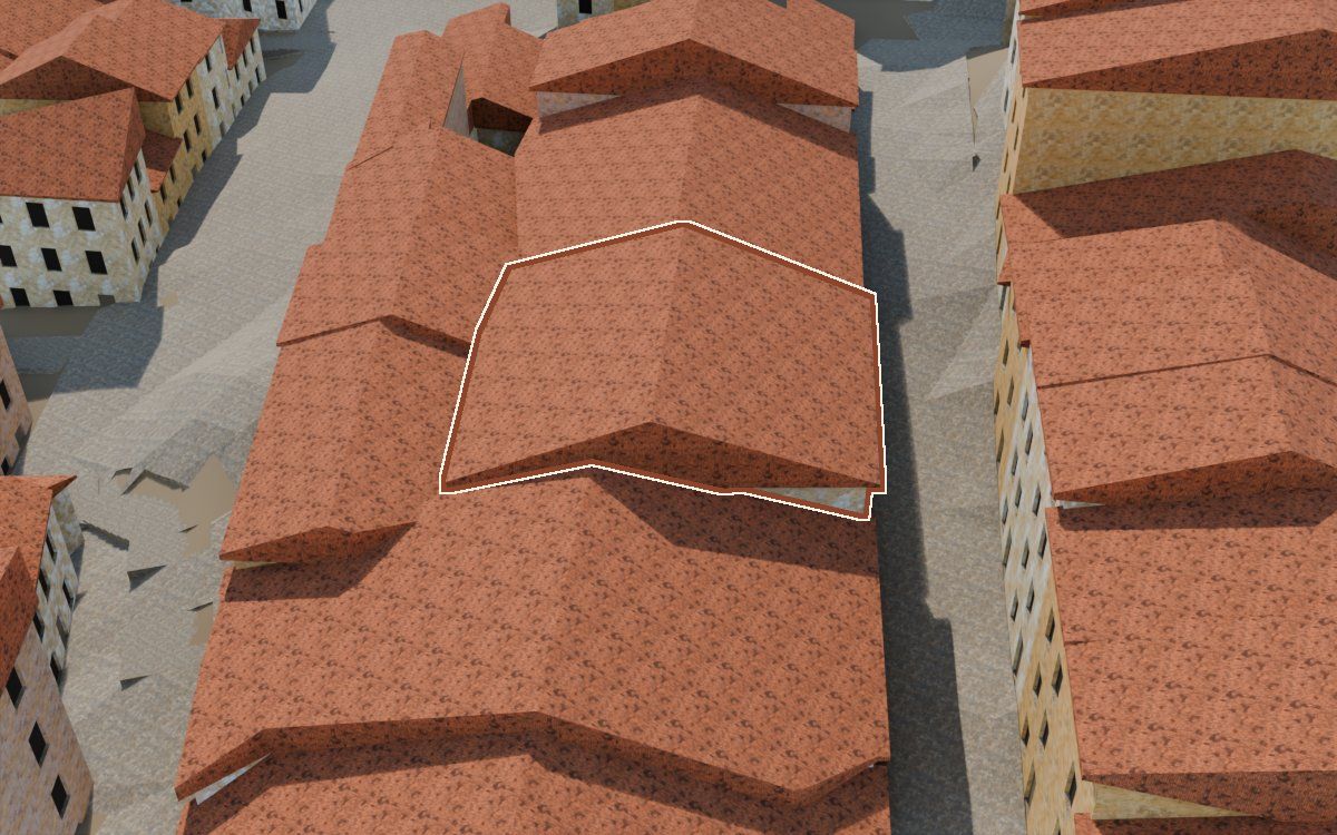 Manzana 30, n.º 12 en la reconstrucción 3D, vista desde su calle, con su contorno marcado en teja entre las casas de alrededor