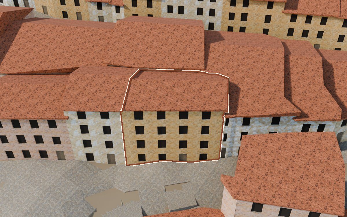 Casa del Carrer Saragossa (Calle Zaragoza) en la reconstrucción 3D, vista desde su calle, con su contorno marcado en teja entre las casas de alrededor