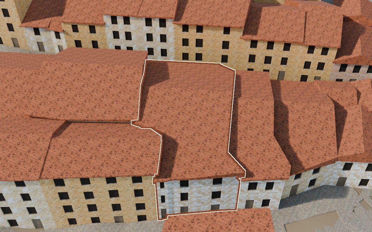 Manzana 30, n.º 13 y 14 en la reconstrucción 3D, vista desde el lado en que mejor se ve, con su contorno marcado en teja entre las casas de alrededor