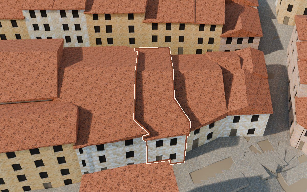 Manzana 30, n.º 15 en la reconstrucción 3D, vista desde el lado en que mejor se ve, con su contorno marcado en teja entre las casas de alrededor