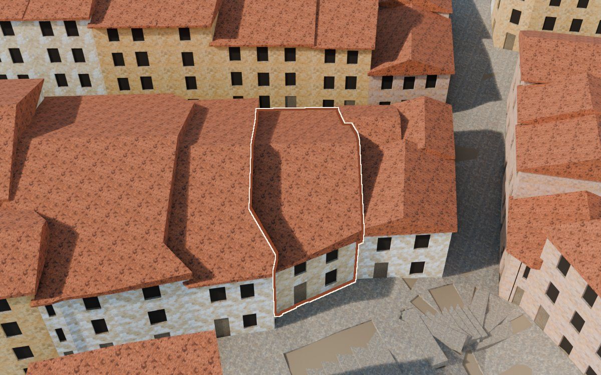 Manzana 30, n.º 16 y 20 en la reconstrucción 3D, vista desde el lado en que mejor se ve, con su contorno marcado en teja entre las casas de alrededor