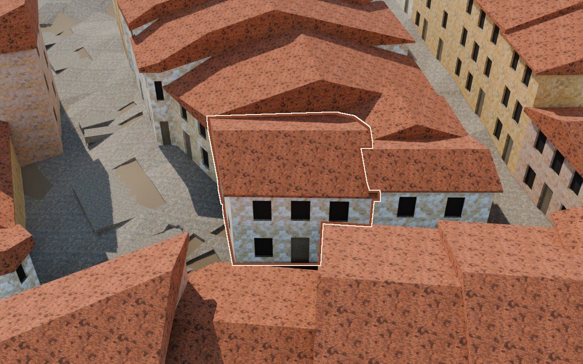 Manzana 30, n.º 19 en la reconstrucción 3D, vista desde su calle, con su contorno marcado en teja entre las casas de alrededor