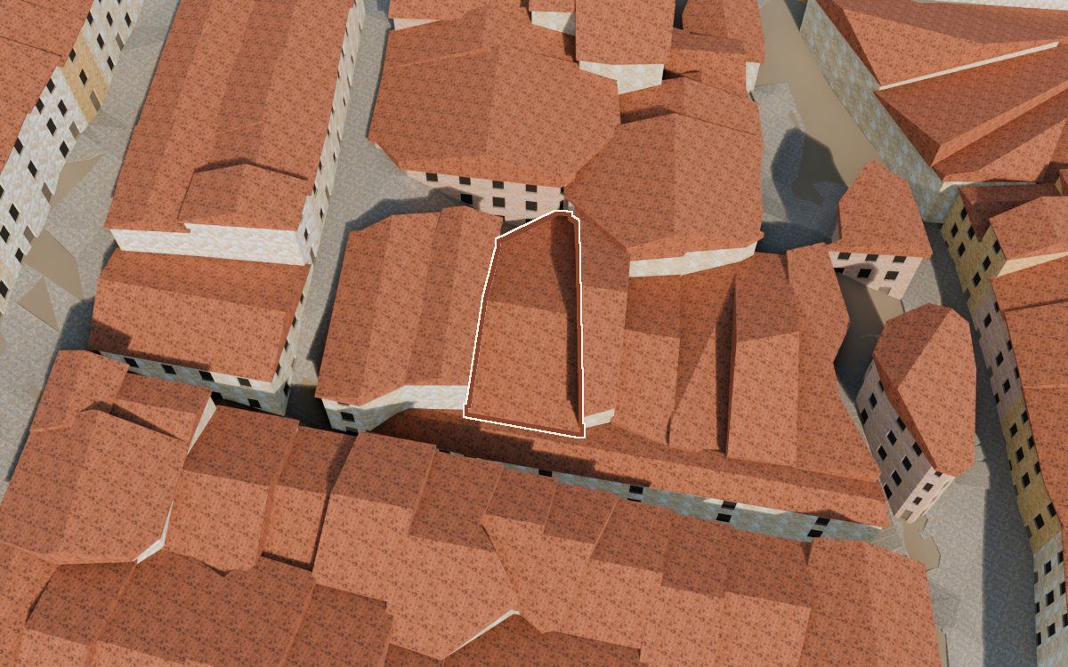 Manzana 33, n.º 15 y 12 en la reconstrucción 3D, vista desde el lado en que mejor se ve, con su contorno marcado en teja entre las casas de alrededor